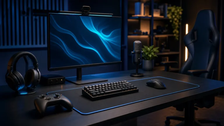 Acessórios gamer organizados em um setup com monitor, mouse, teclado, headset e controle