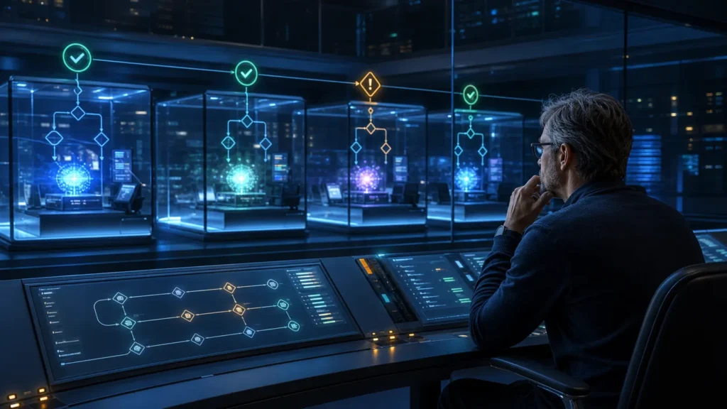 Engenheiro revisa agentes de IA trabalhando em ambientes de programação isolados