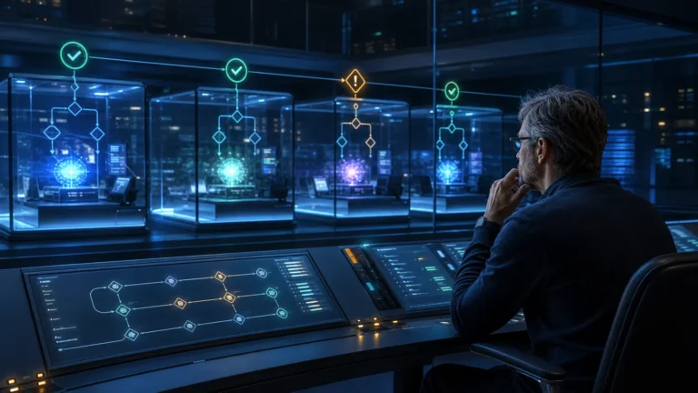 Engenheiro revisa agentes de IA trabalhando em ambientes de programação isolados