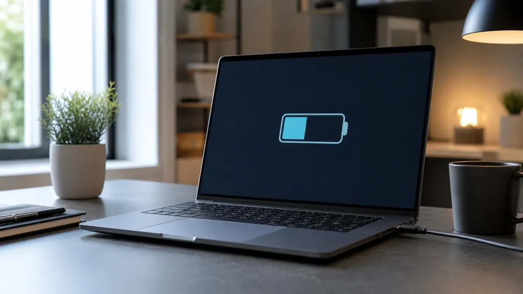 Notebook na tomada com indicador de saúde da bateria