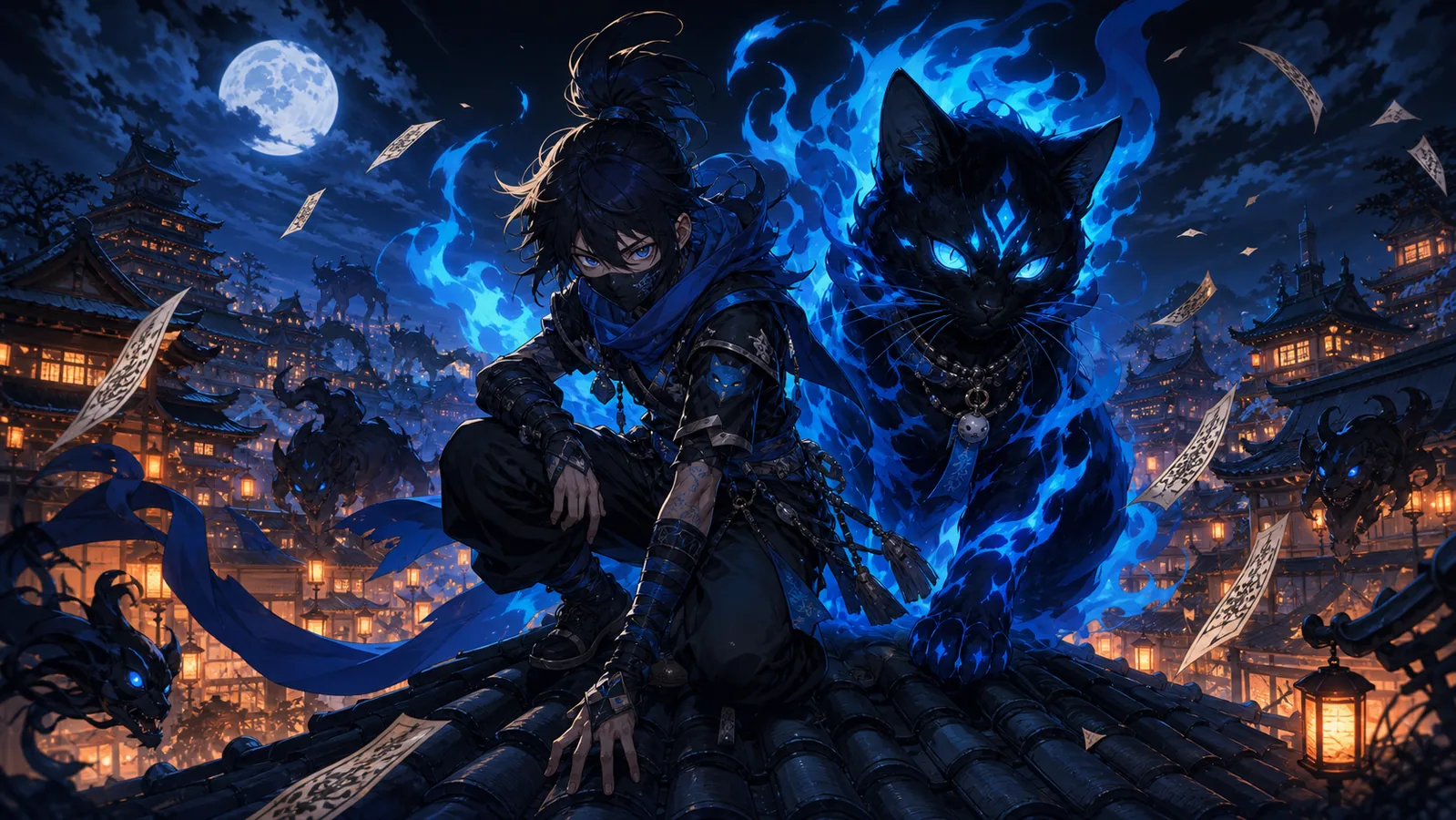 Black Torch anime representado por ninja e gato espiritual em ilustração original