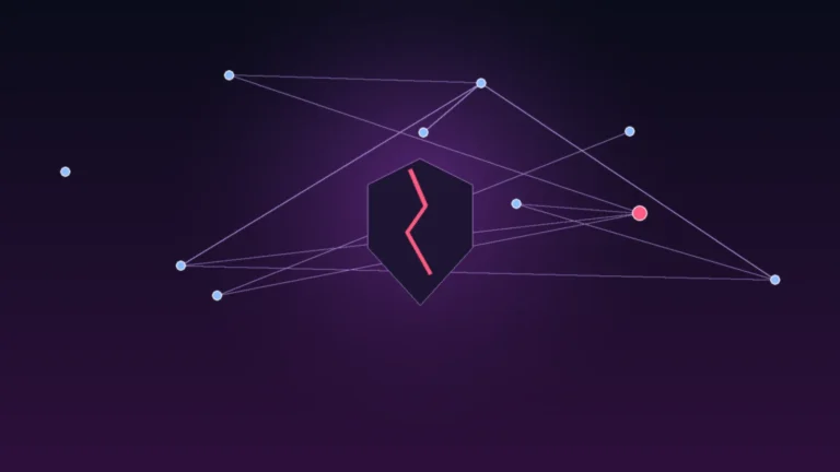 Ilustração editorial abstrata de uma rede de nós conectados com um escudo rachado ao centro, representando a vulnerabilidade Certighost no Active Directory