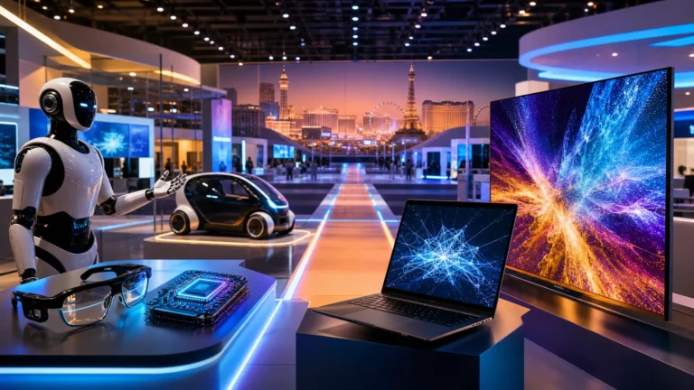 Feira de tecnologia futurista com robô, veículo autônomo, notebook, chip e televisão