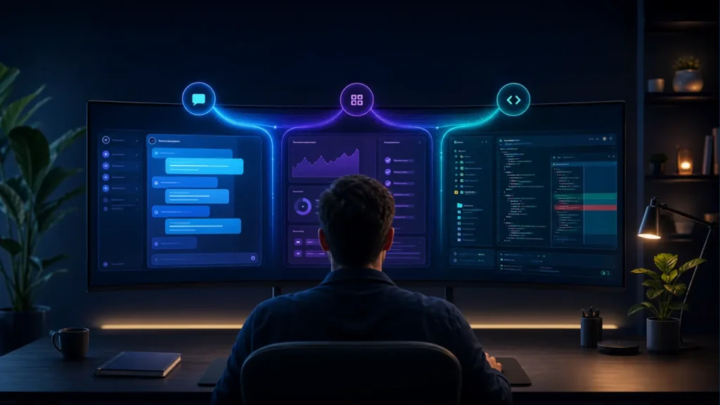 ChatGPT no PC representado por três áreas de trabalho para conversa, produtividade e programação