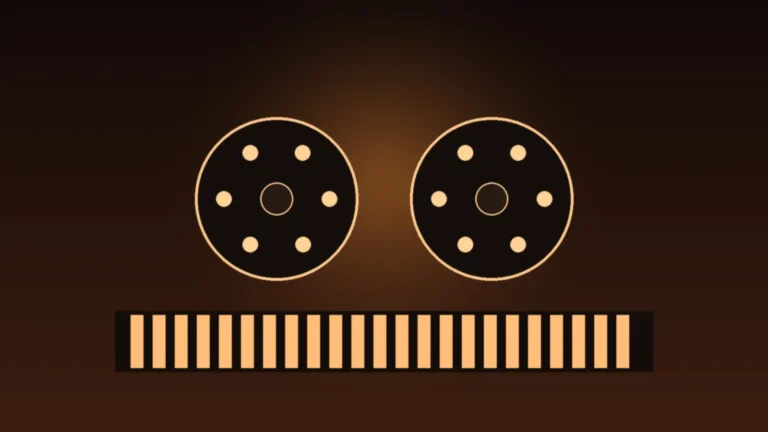 Ilustração editorial abstrata de dois rolos de filme antigos conectados por uma fita de cinema, remetendo à estreia de Coyote vs. Acme