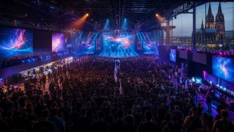 Gamescom 2026 em grande evento gamer com palco e público