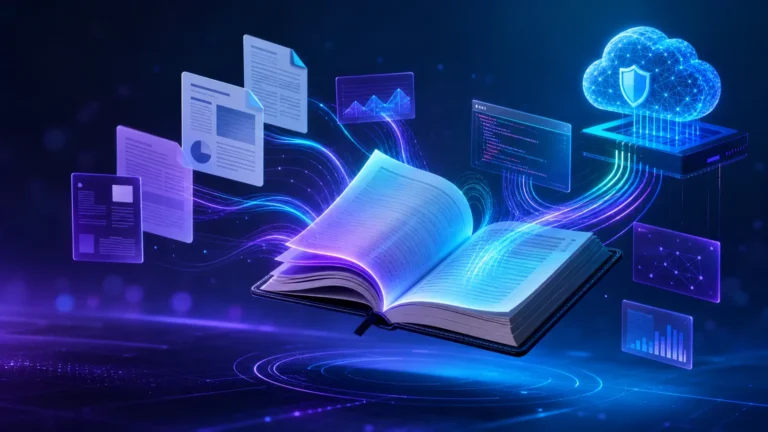 Caderno digital conectado a documentos, gráficos e computação em nuvem, representando o Gemini Notebook
