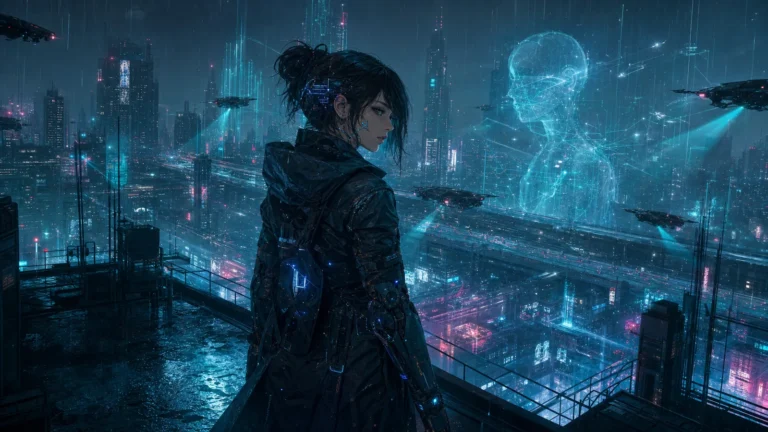 Ghost in the Shell 2026 representado por uma investigadora em cidade cyberpunk