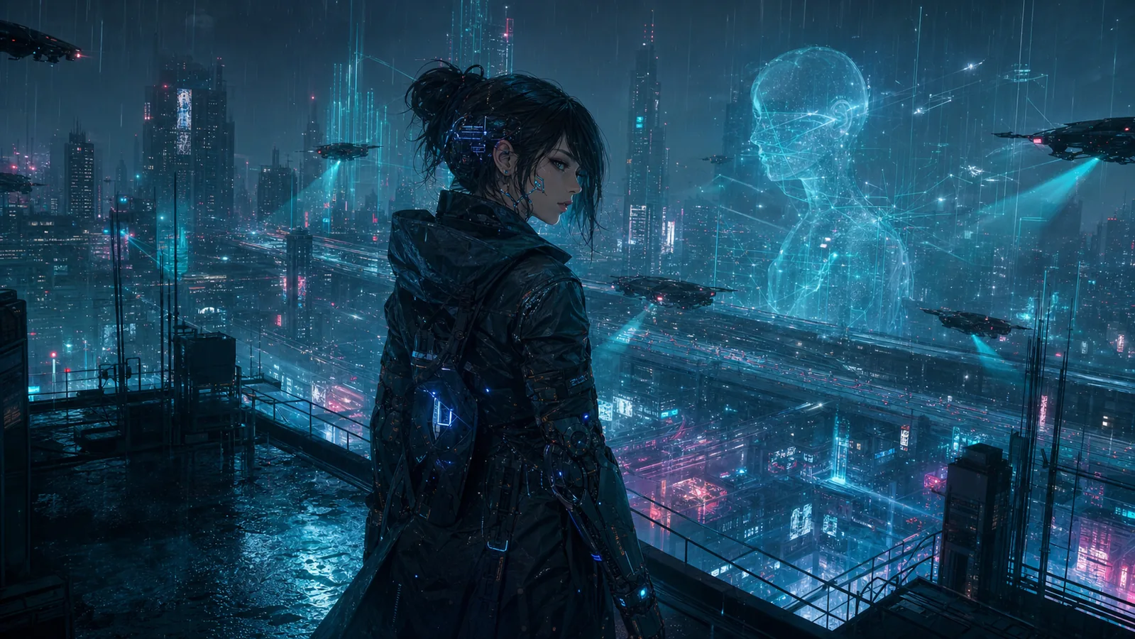 Ghost in the Shell 2026 representado por uma investigadora em cidade cyberpunk