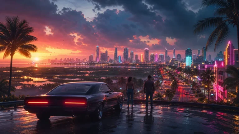 GTA 6 representado por cidade costeira neon, carro e dois protagonistas vistos de costas