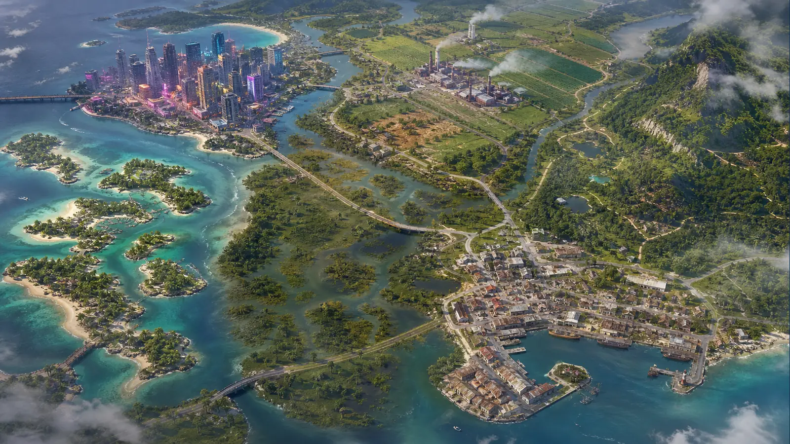 Representação conceitual das diferentes regiões e paisagens de Leonida em GTA 6