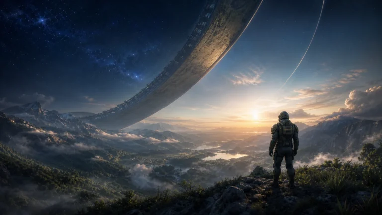 Explorador diante de um mundo em forma de anel inspirado no retorno de Halo