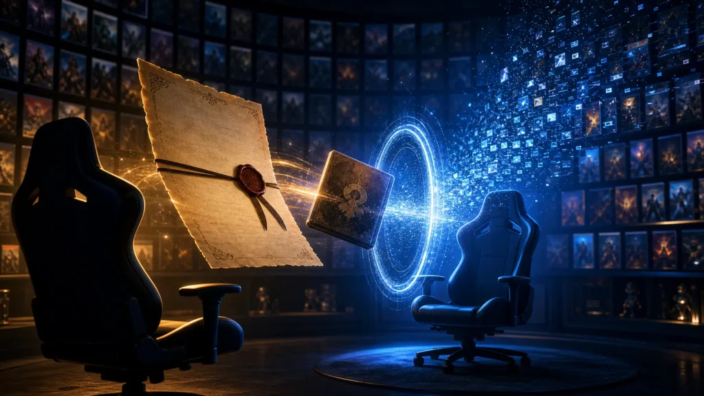 Herança digital representada por uma biblioteca de jogos passando entre duas cadeiras