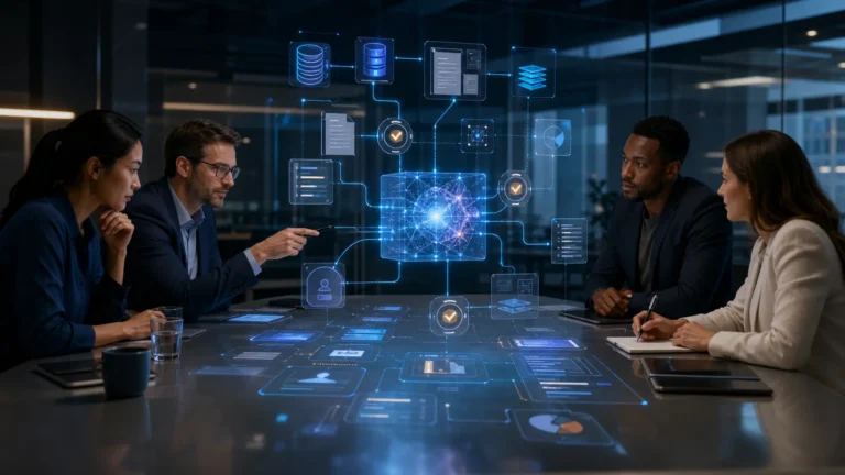 Equipe empresarial revisa um fluxo de inteligência artificial com ferramentas e aprovações