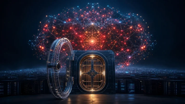 Kimi K3 representado como uma rede neural gigante atrás de um cofre parcialmente aberto