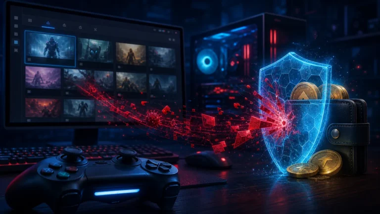 Ilustração de computador gamer ameaçado por malware enquanto um escudo protege uma carteira digital