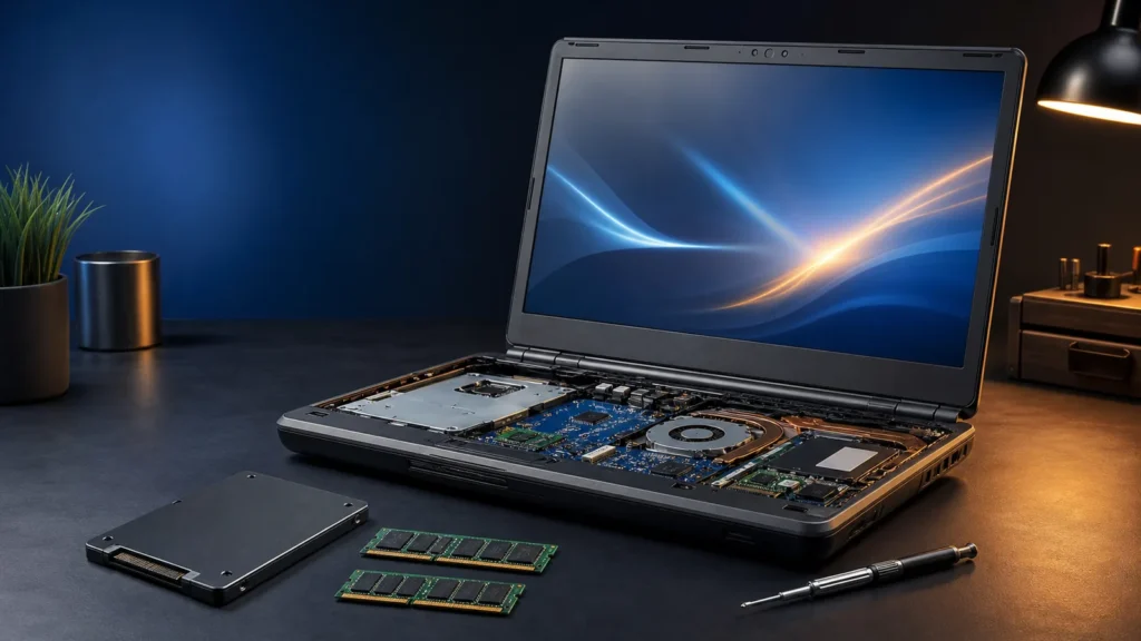 Notebook antigo aberto para receber upgrade de SSD e memória RAM