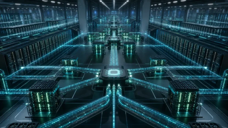 Rede de alta velocidade conectando servidores em uma grande fábrica de inteligência artificial
