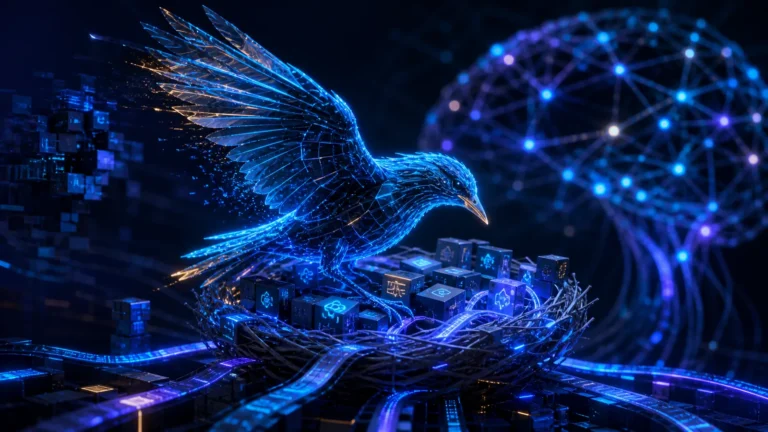 Ornith 1.0 representado como ave digital construindo um fluxo de ferramentas para programação