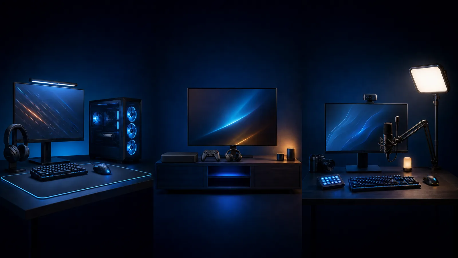 Comparação entre setup gamer de PC, console e criação de conteúdo