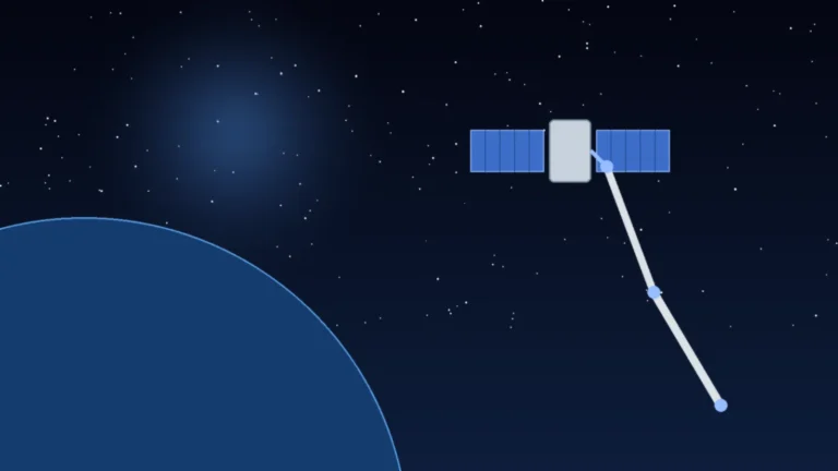 Ilustração editorial abstrata de um satélite com painéis solares sendo alcançado por um braço robótico sobre a Terra, representando o Mission Robotic Vehicle