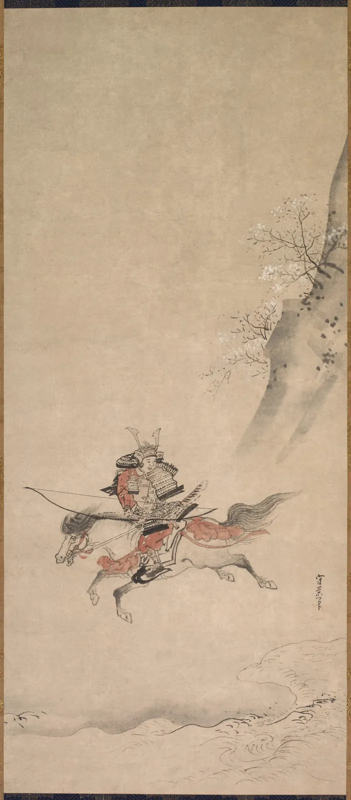 Pintura japonesa histórica de um samurai montado a cavalo