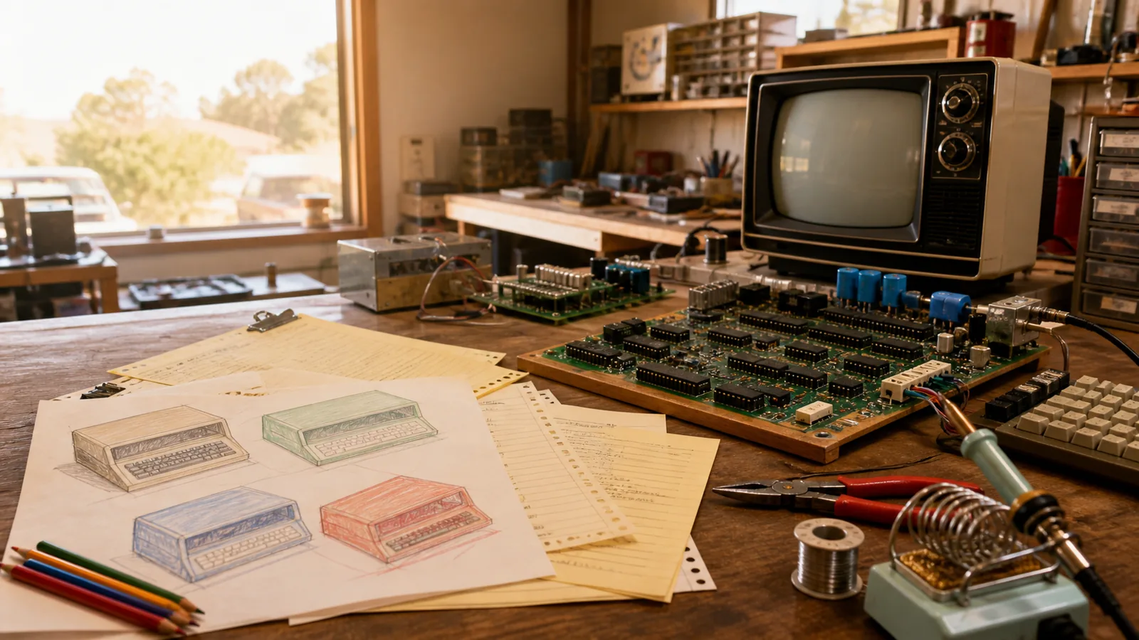 Bancada dos anos 1970 com placa de computador, TV antiga e esboços de microcomputadores representando os bastidores da Apple
