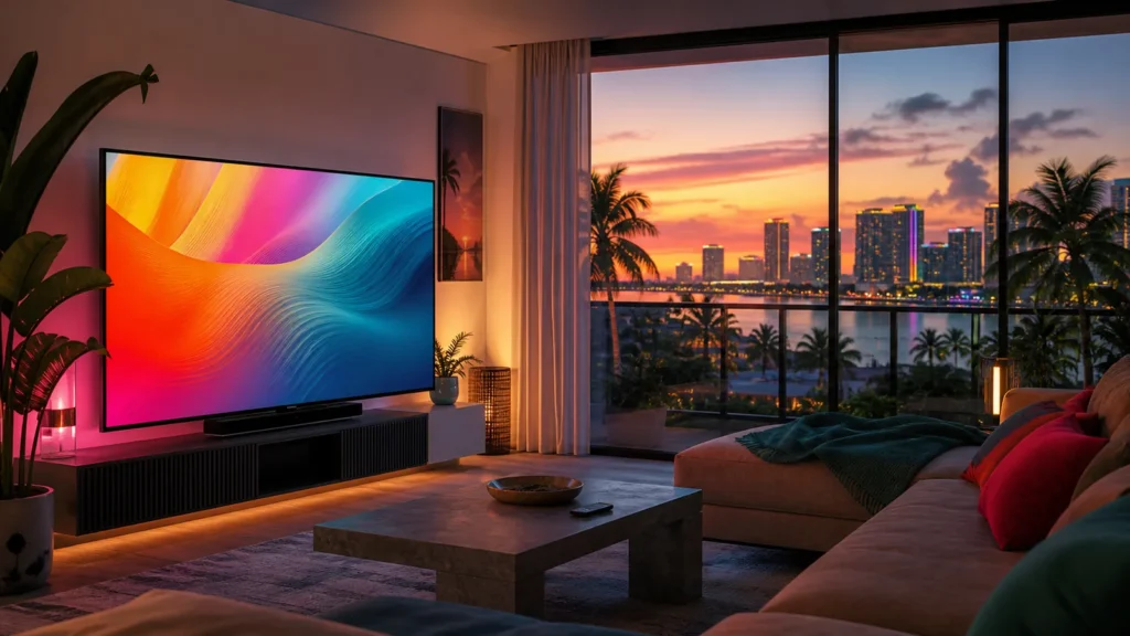 Sala com televisão e vista para uma cidade costeira ao entardecer