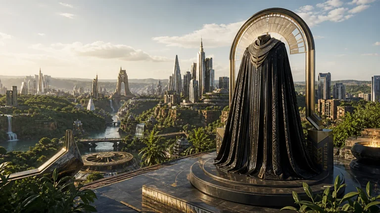 Manto do novo Pantera Negra diante de cidade futurista