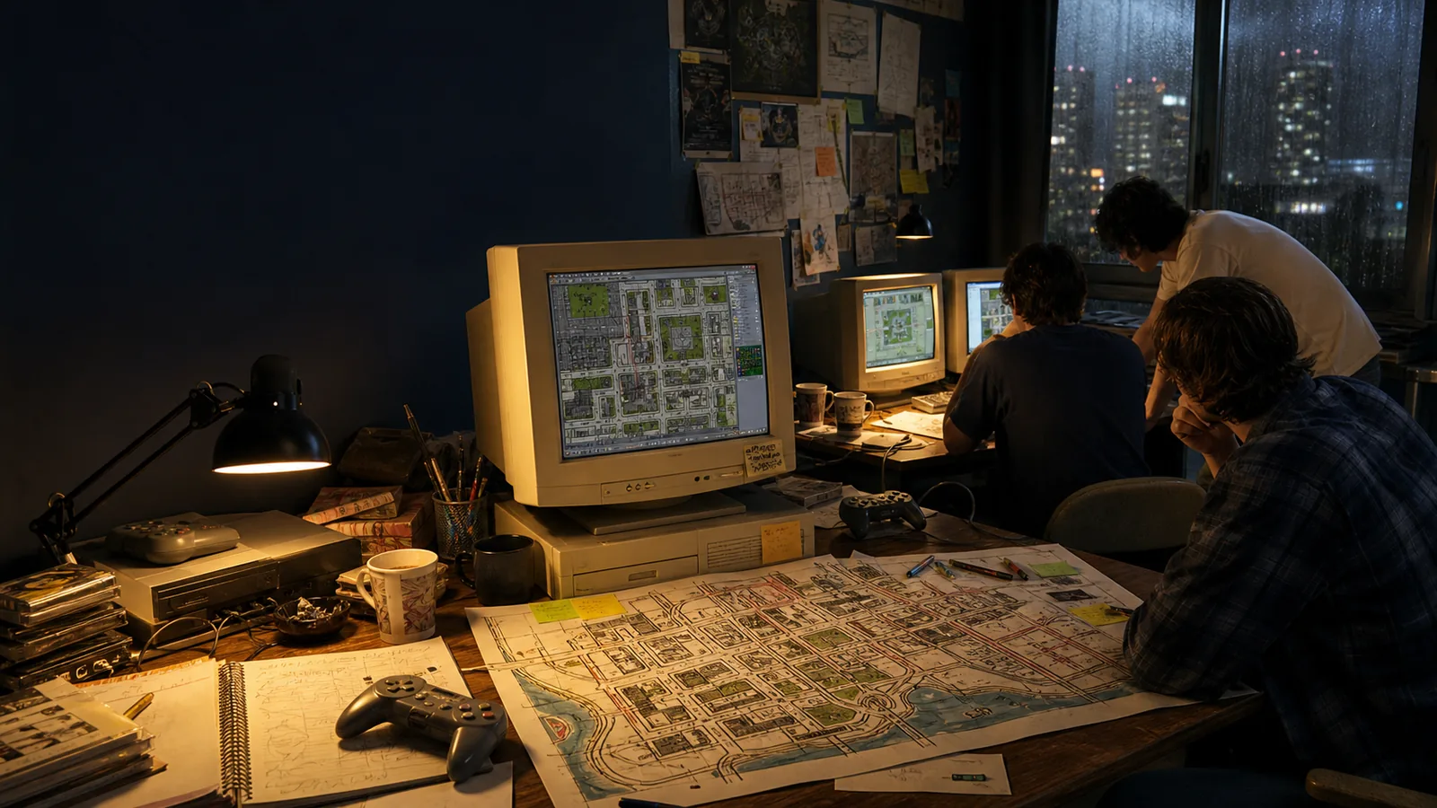 Mesa de estúdio dos anos 1990 com monitores CRT e mapas de cidade representando os bastidores da Rockstar Games